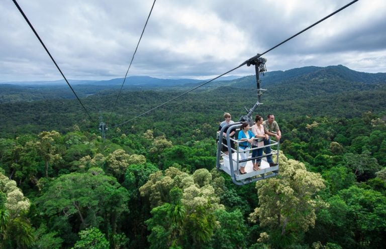 4 persons standing in open air gondola high above the rainforest