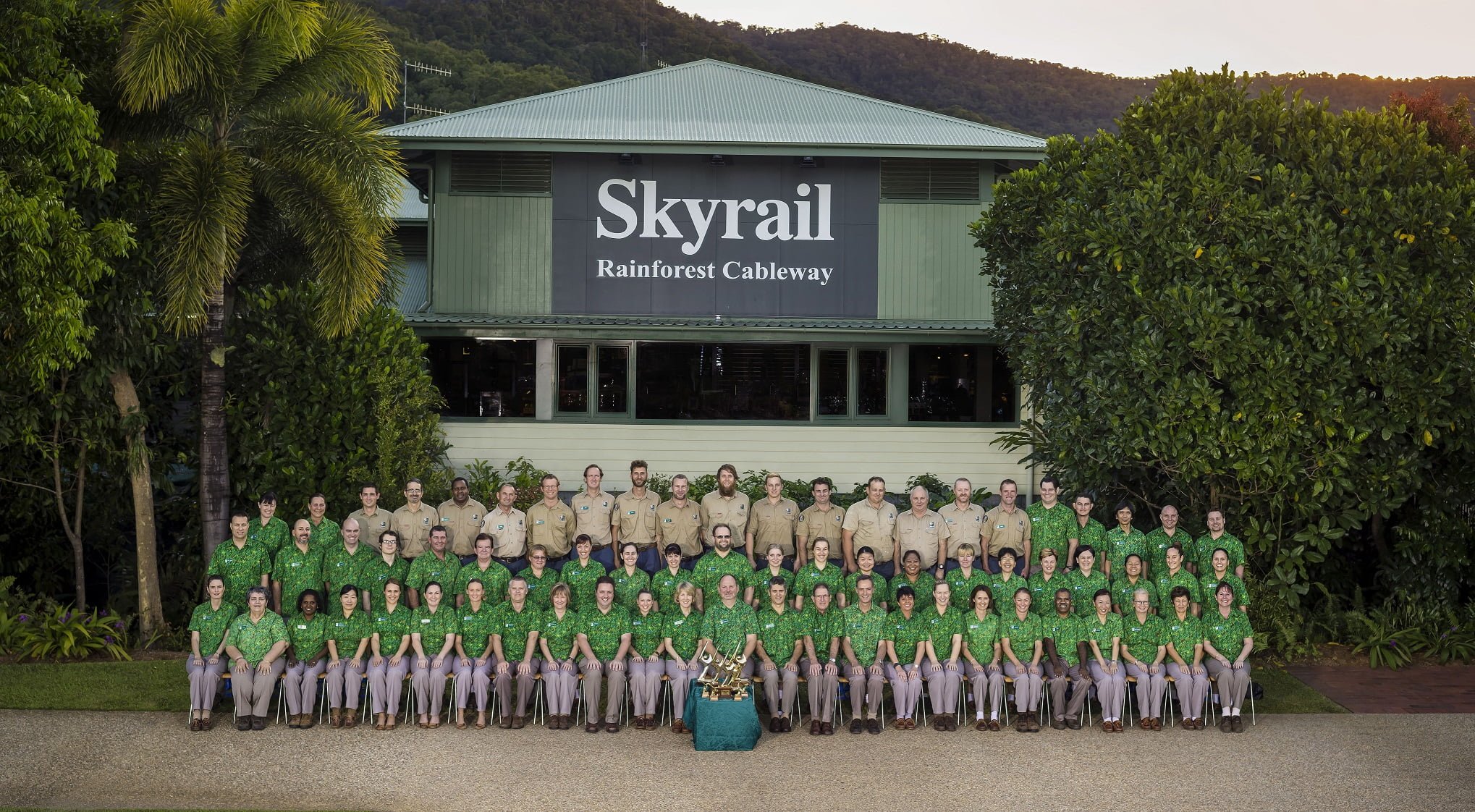 Skyrail staff in uniform outside Smithfield Terminal building