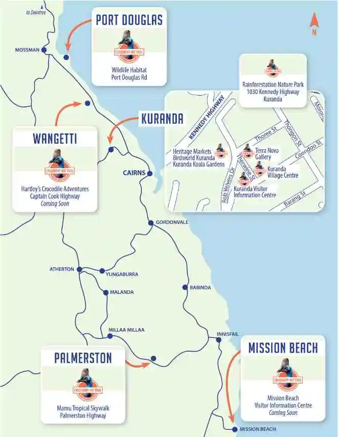 Cassowary Art Trail map of Kuranda Village showing art location points