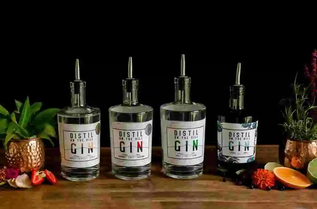 4 bottles of Distil on the Hill Gin in a row