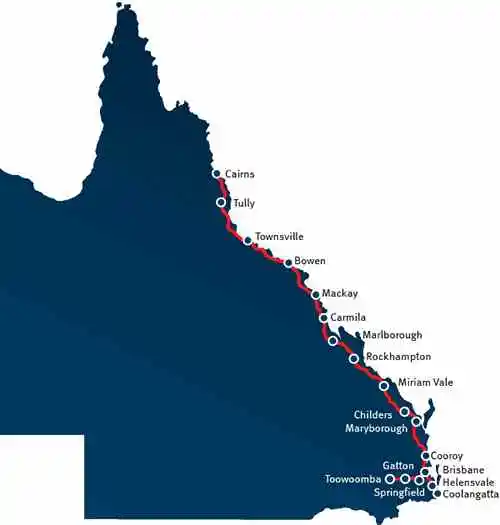 A blue map of electric vehicle charging stations in Queensland 