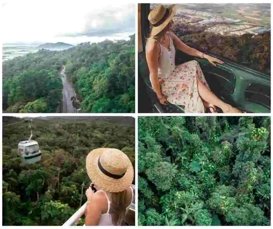 A series of four images. one of a road below through the rainforest. Another of a lady in a long skirt and straw hat sitting in a gondola above the rainforest canopy. One image looking down at the rainforest canopy and the final one, a lady in a straw hat watching a gondola pass by above the canopy. 