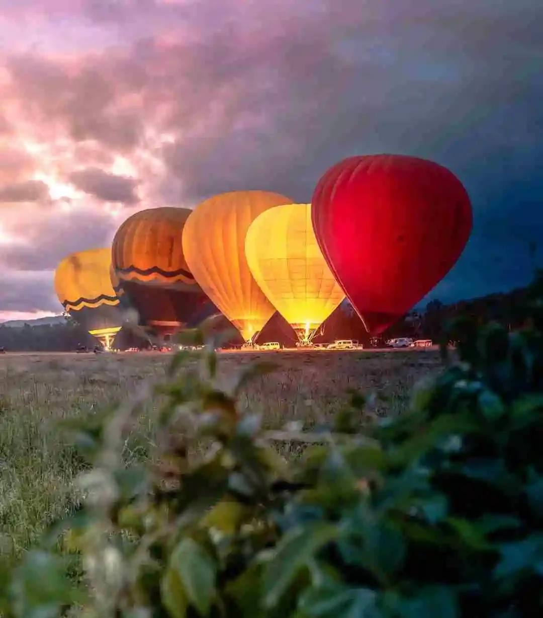 5 large hot air balloons sit glowing on a darkened landscape ready to lift off the ground