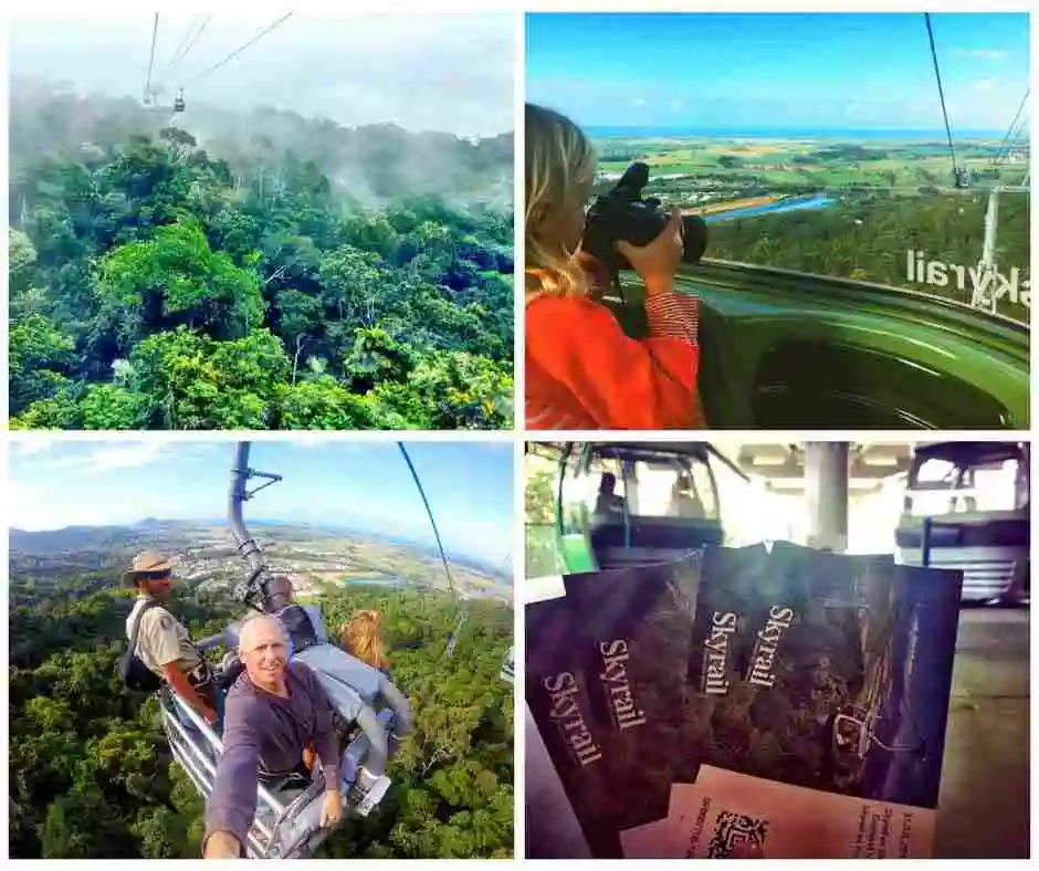 A series of four images. One a misty rainforest canopy then a boy in a red jumper takes a picture out of a gondola window of the rainforest below. Four tickets held up in front of a gondola and a man smiles at the camera in a media cage above the rainforest canopy.