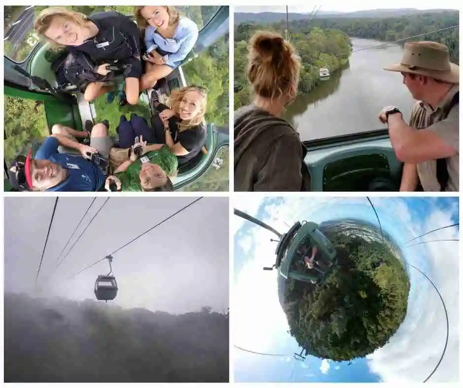 A series of four images showing people in a gondola looking up at the camera. mist rising from the rainforest canopy and a gondola emerging. Two people looking out through the gondola window at the river below.