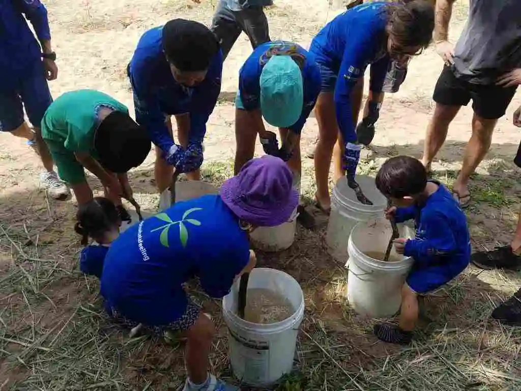 Five children lean over mixing crystals with water ready to put onto the freshly planted trees
