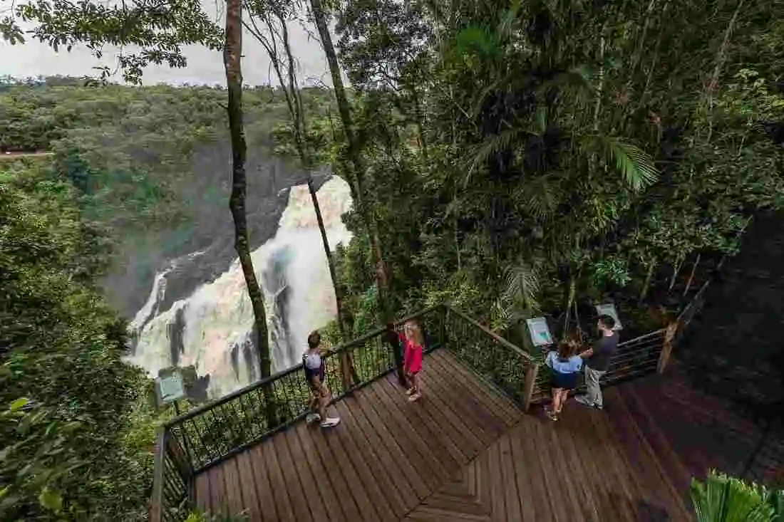 People viewing the flowing Barron Falls at the lookout at Skyrail Barron Falls Station.