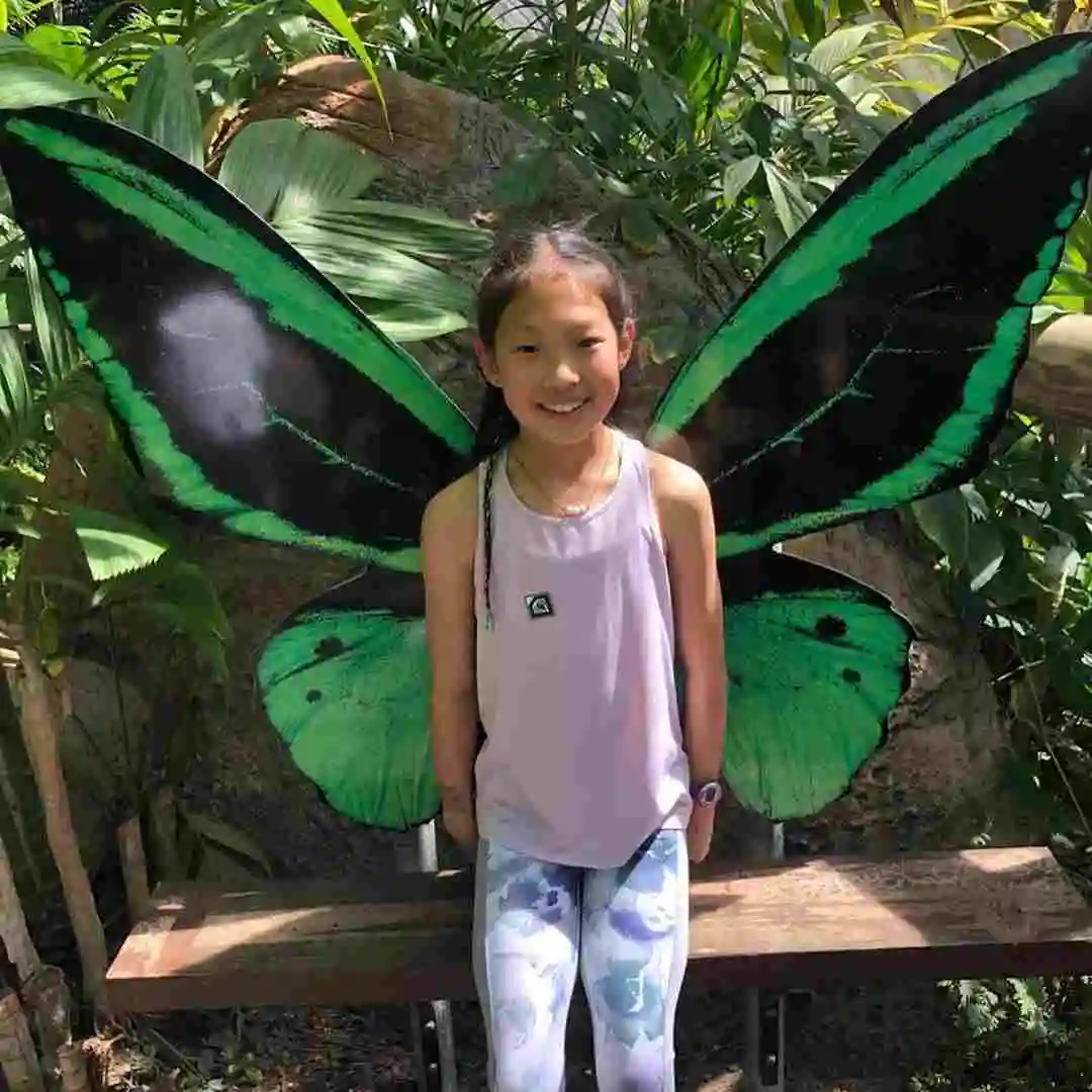 A girls stands in front of a large butterfly wings display and smiles at the camera.