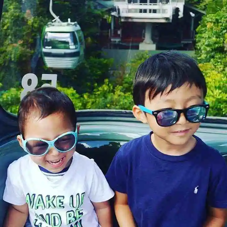 Two young boys in sunglasses smile in a gondola with rainforest through the window behind them.